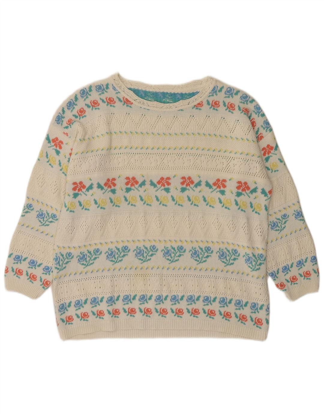 VINTAGE Jersey de cuello barco para mujer IT 46 Acrílico floral blanco grande