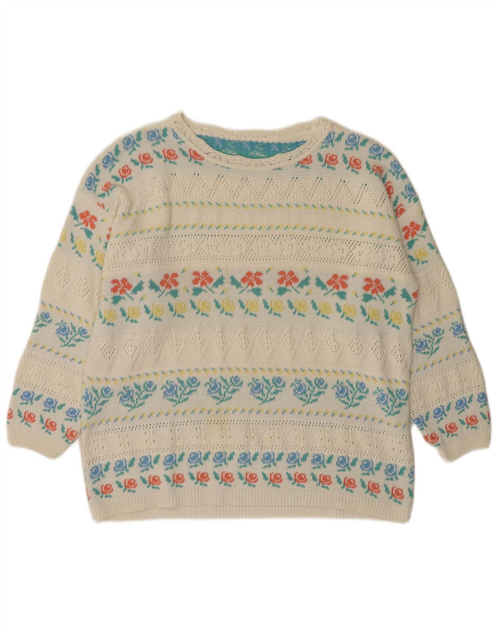 VINTAGE Jersey de cuello barco para mujer IT 46 Acrílico floral blanco grande