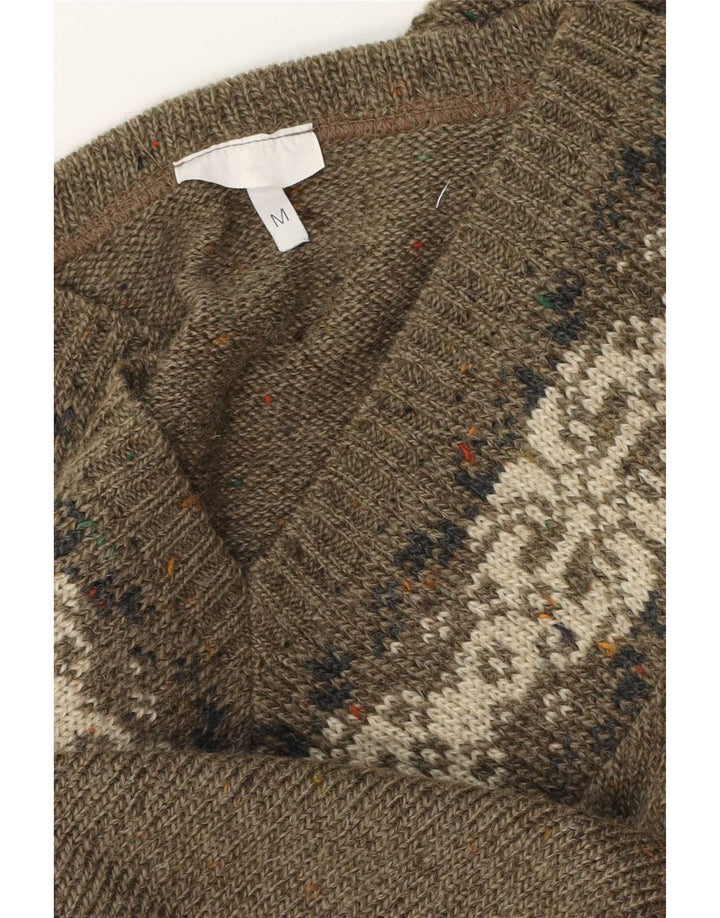 Vintage hombres V-cuello jumper suéter medio caqui Fair Isle