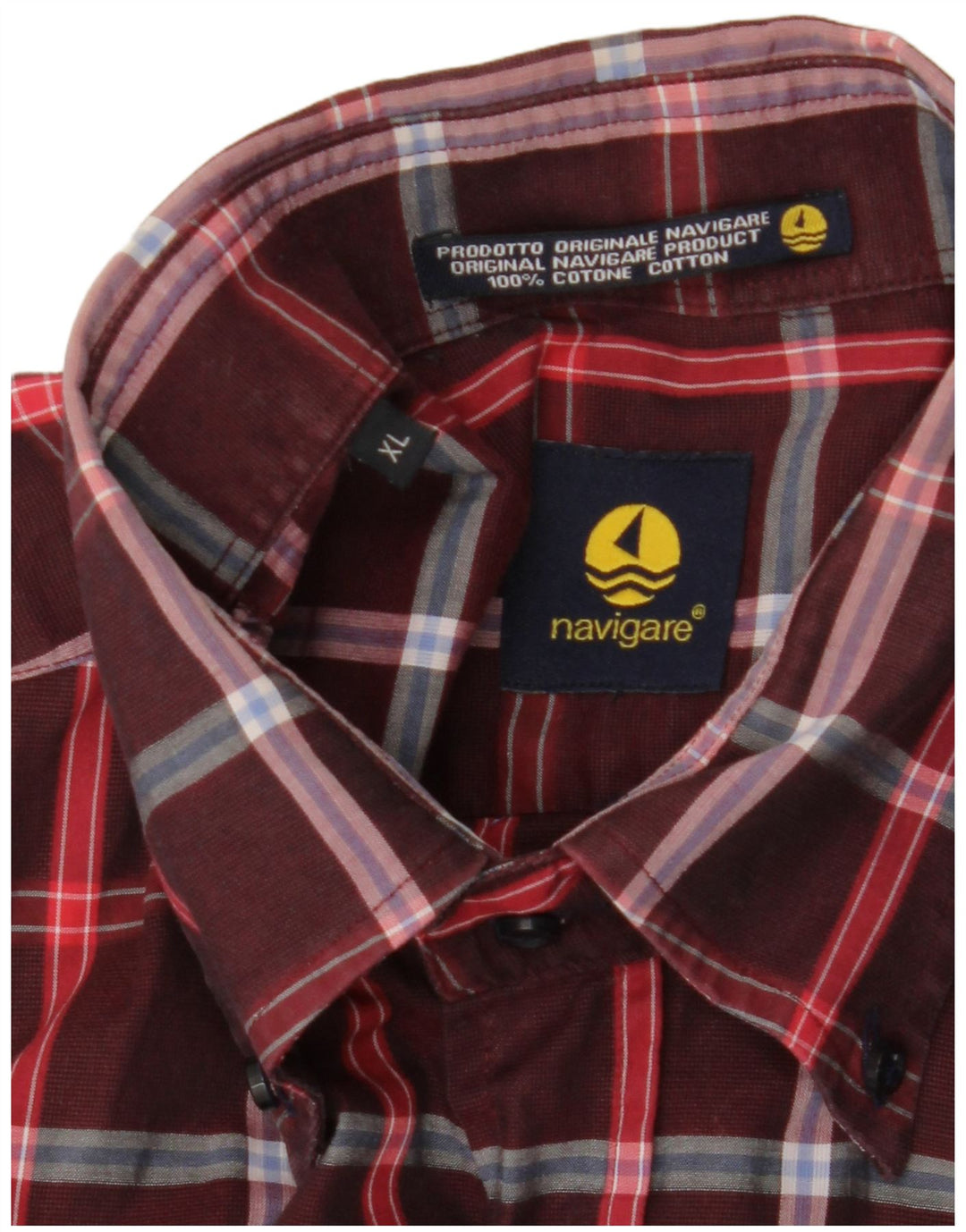 NAVIGARE Camisa Manga Corta Hombre XL Algodón Cuadros Burdeos