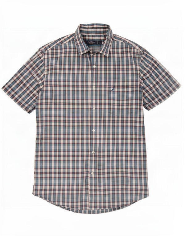 Nautica Camisa Slim Fit de Manga Corta para Hombre Algodón a Cuadros Azul Grande
