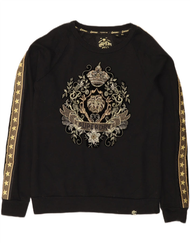 Superdry Mujer Sudadera Gráfica Jumper UK 12 Medium Negro Algodón