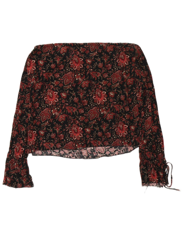 Zara Top corto de manga larga con hombros descubiertos para mujer UK 46 Large Black Floral