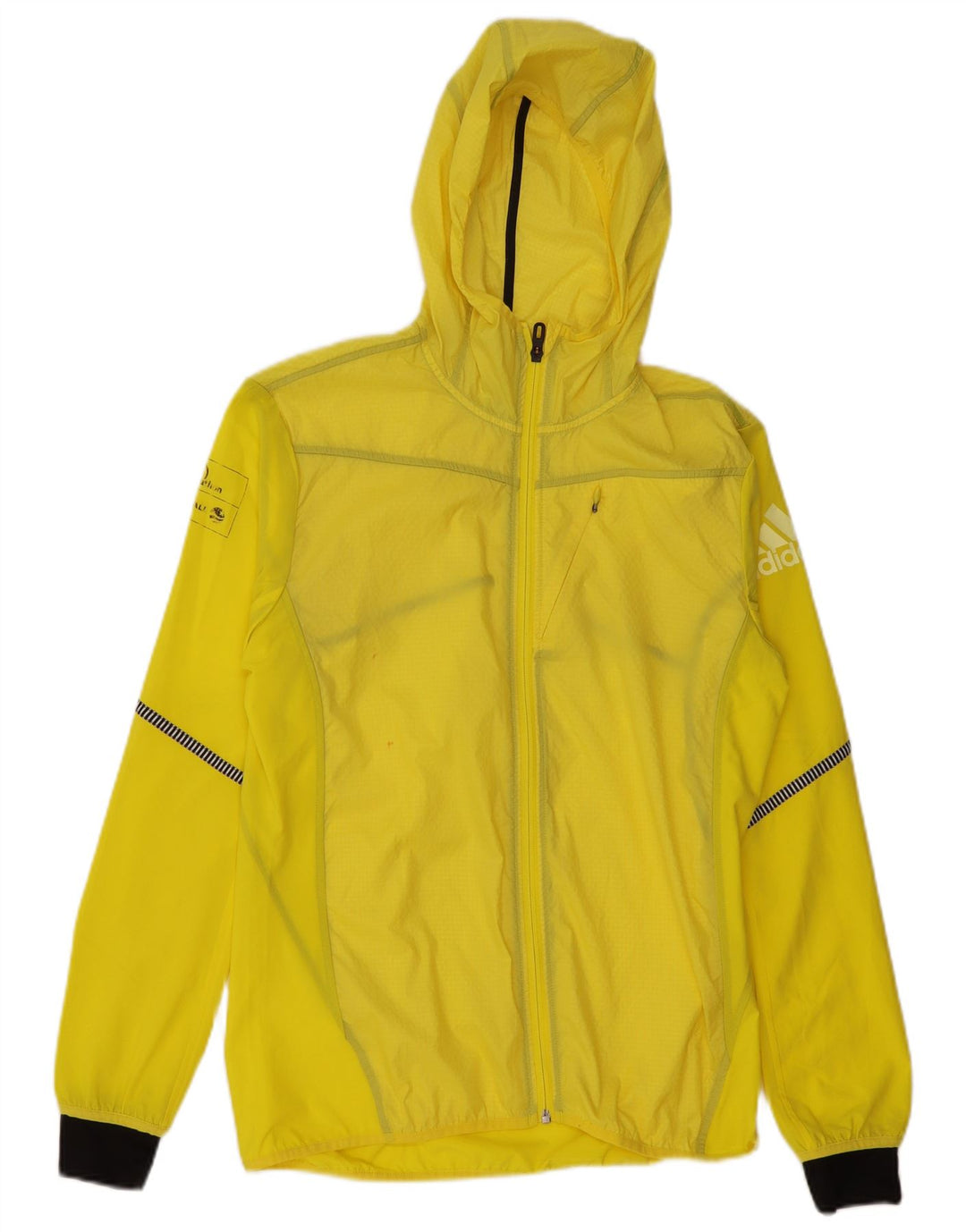 ADIDAS Chaqueta impermeable con capucha gráfica para hombre Reino Unido 36 Poliéster a cuadros amarillo pequeño