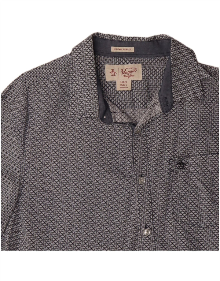 PENGUIN Camisa de manga corta Heritage Slim Fit para hombre, talla grande, azul geométrico