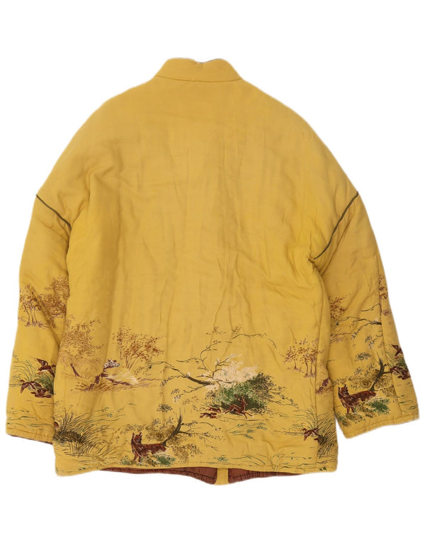 Vintage mujer chaqueta acolchada Reino Unido 16 poliéster amarillo grande con estampado animal