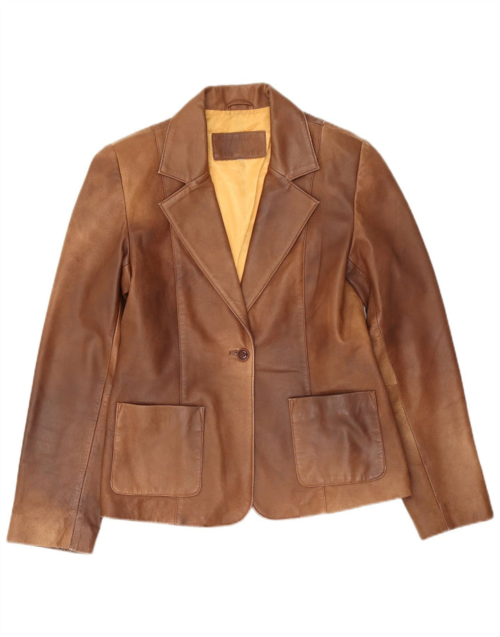 Vintage mujer 1 botón cuero Blazer chaqueta Reino Unido 10 pequeño marrón