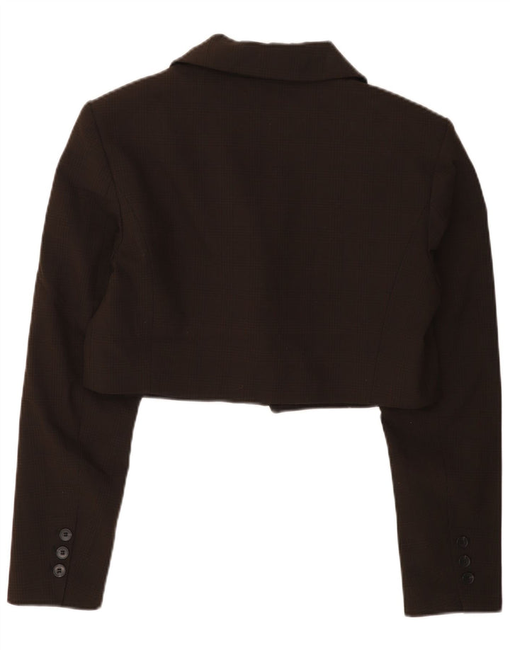 Zara Mujer Crop 1 Botón Blazer Chaqueta UK 46 Grande Marrón Cuadros Poliéster