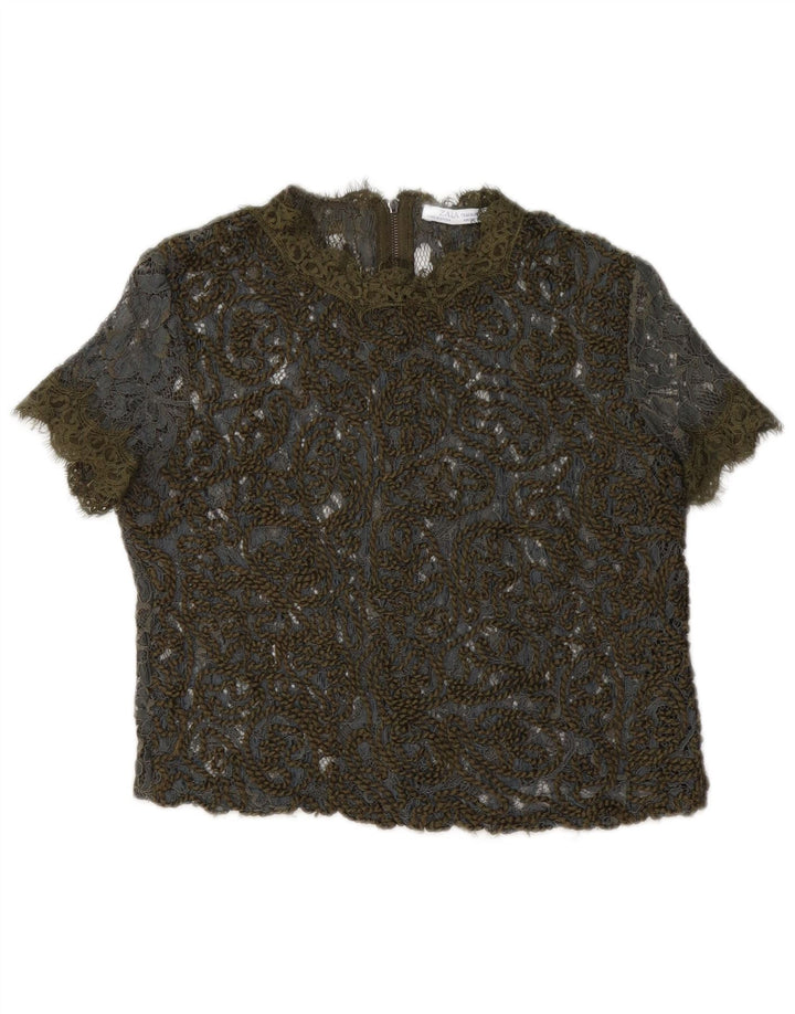 Zara Mujer Crop Lace See Through Top Reino Unido 10 Pequeño Caqui Floral