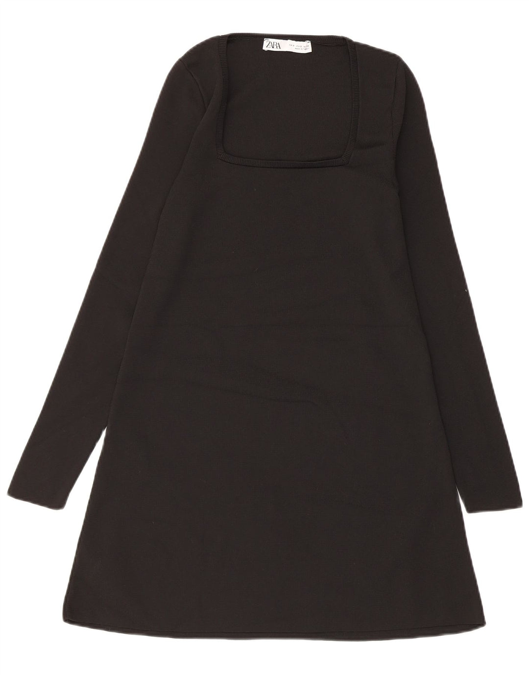 Zara Mujer Vestido Acampanado De Manga Larga UK 40 Small Poliéster Negro
