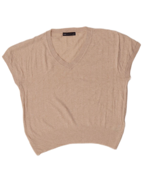 Marks & Spencer Womens Crop V-Neck Jumper Sweater UK 16 Large Beige Viscose