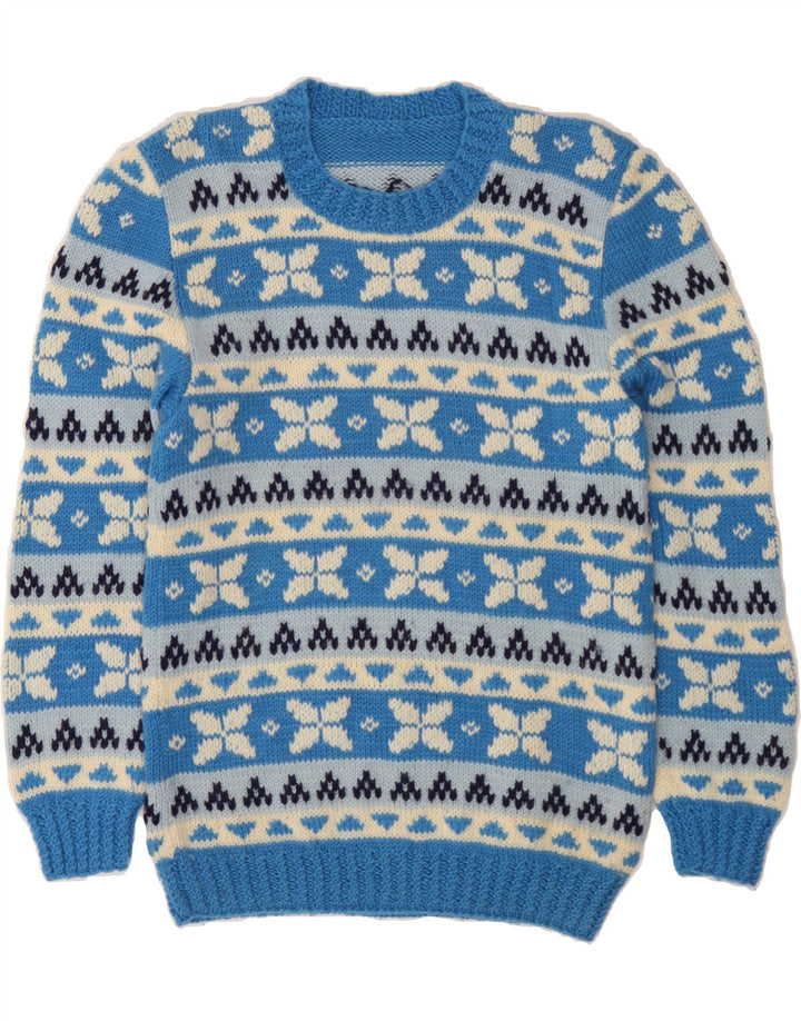 VINTAGE Hombres Crew Neck Jumper Suéter Pequeño Azul Fair Isle