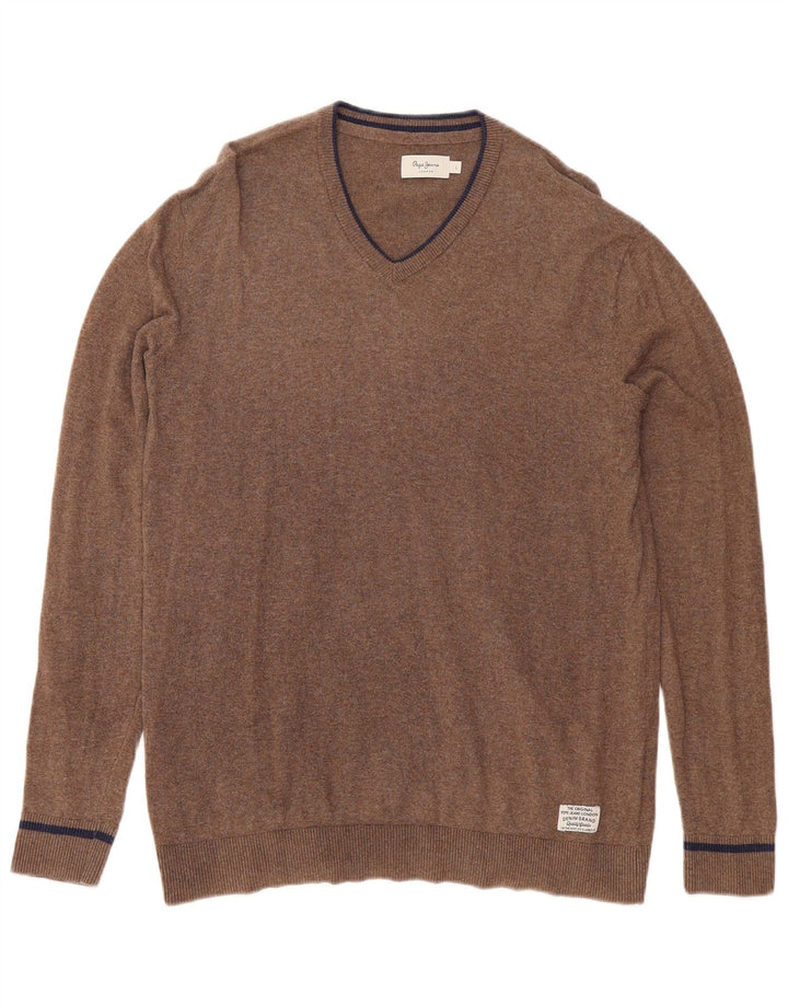 PEPE JEANS Mens V-Neck Jumper Sweater Large Brown Cotton