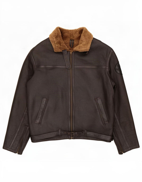 Vintage hombres shearling chaqueta Reino Unido 46 3XL piel de oveja marrón