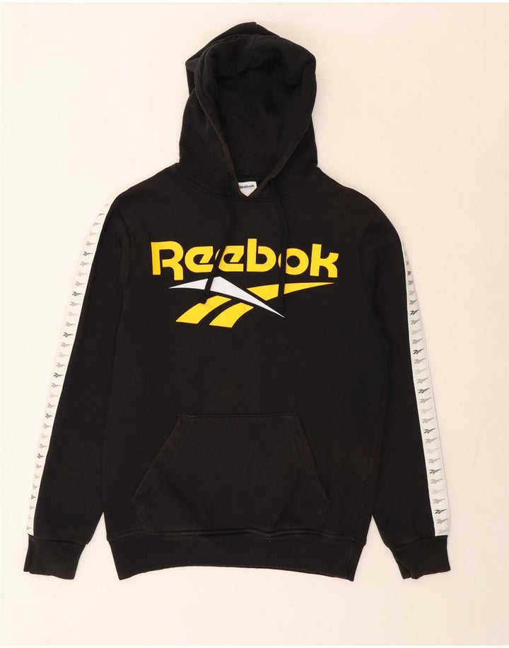REEBOK Sudadera con capucha clásica y gráfica para hombre, talla pequeña, algodón negro con bloques de color