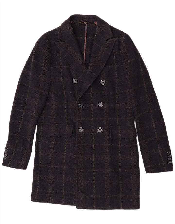 Enrico Coveri Abrigo cruzado para hombre IT 50 Large Lana a cuadros azul marino