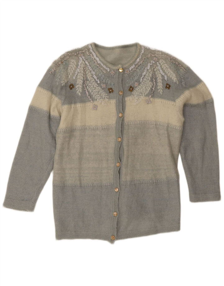 Vintage mujer Cardigan suéter Reino Unido 12 bloque de color azul medio