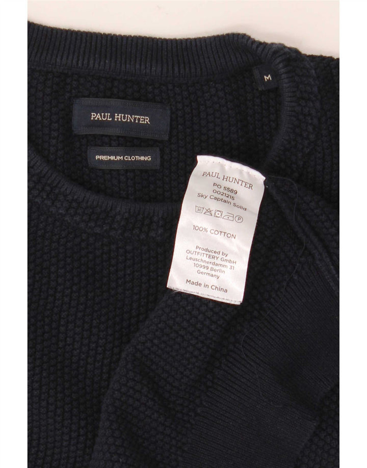 Vintage hombres cuello redondo jersey suéter medio azul marino algodón