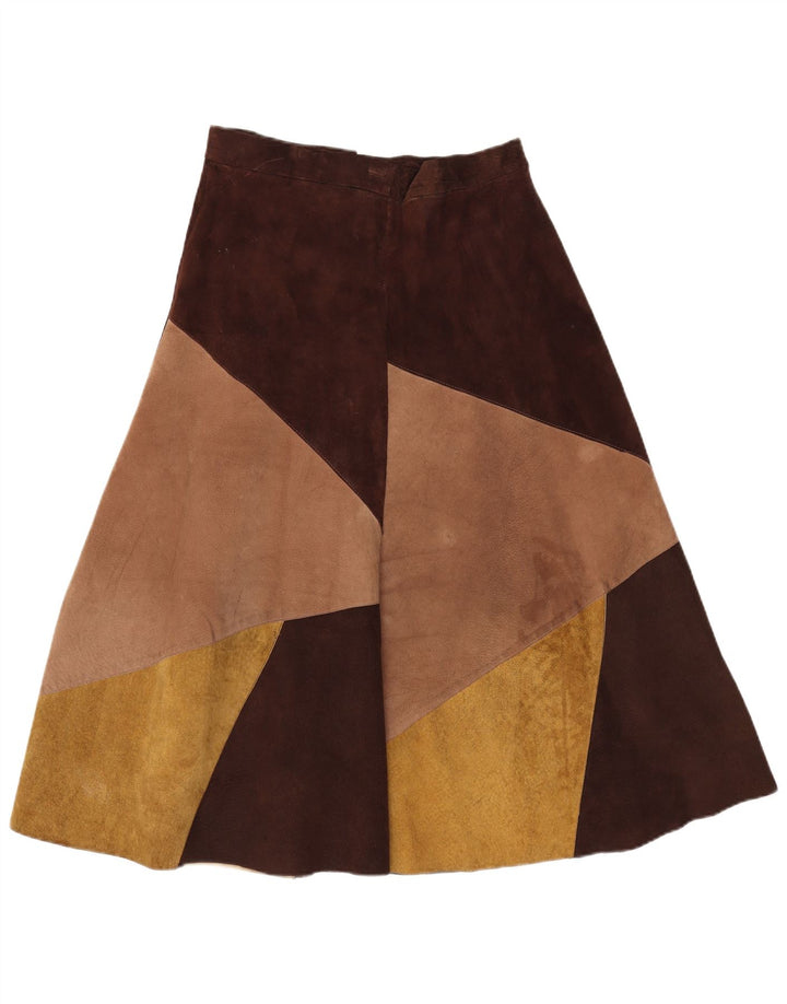 Falda acampanada de ante vintage para mujer W30 Bloque de color marrón medio