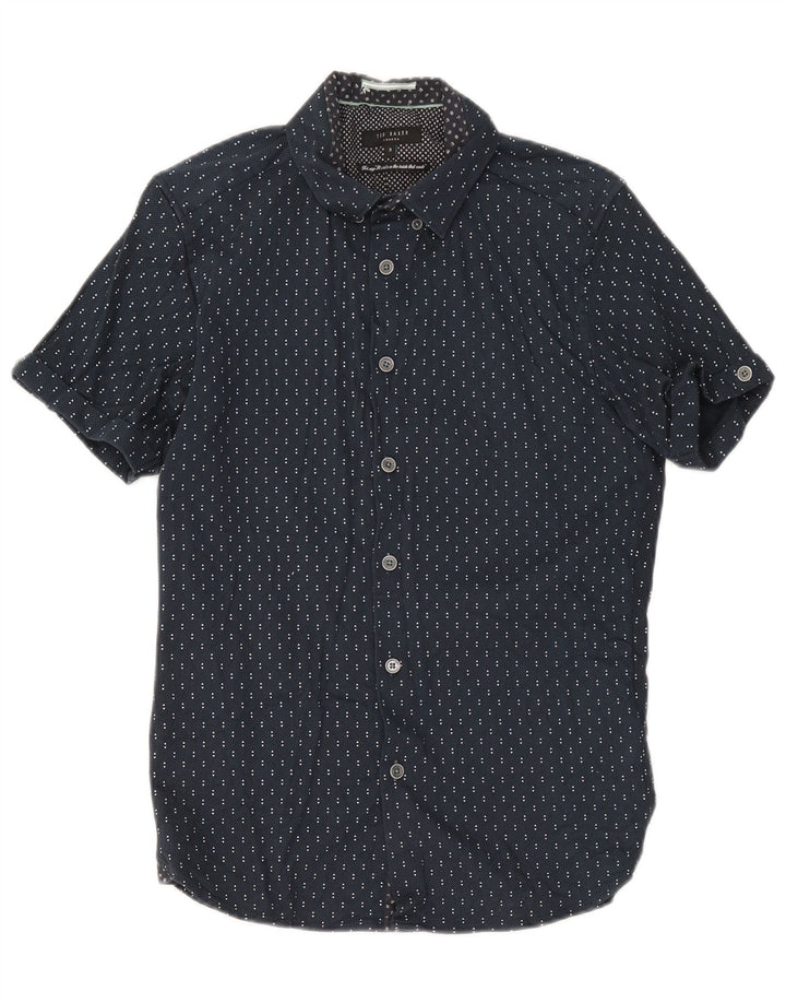 Ted Baker Camisa de manga corta para hombre Talla 3 Mediana Azul marino Algodón geométrico