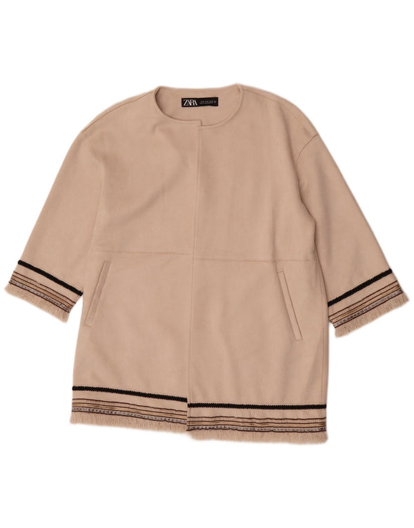 Zara Chaqueta tipo blazer abierta con manga 3/4 para mujer, Reino Unido 44, rayas beige medianas