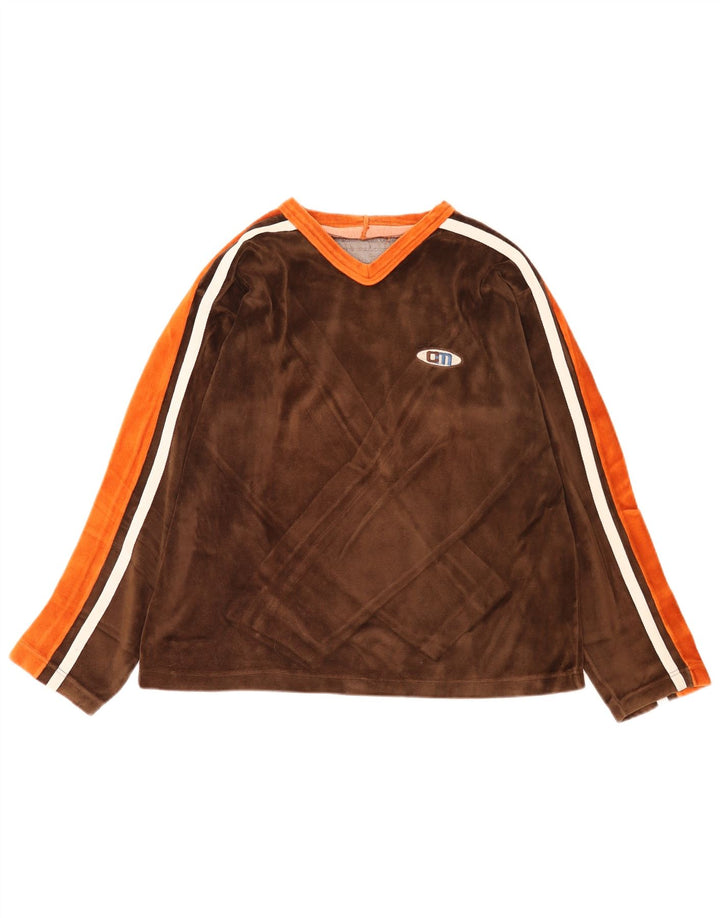Vintage hombres top manga larga grande marrón colorblock algodón