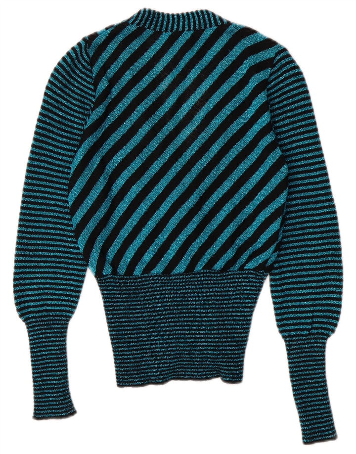 Vintage mujer V-cuello cardigan suéter Reino Unido 6 XS turquesa rayas