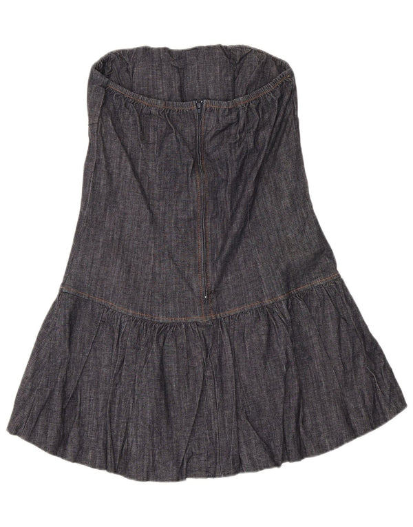 Vintage mujer denim mini vestido sin tirantes Reino Unido 14 algodón azul marino grande