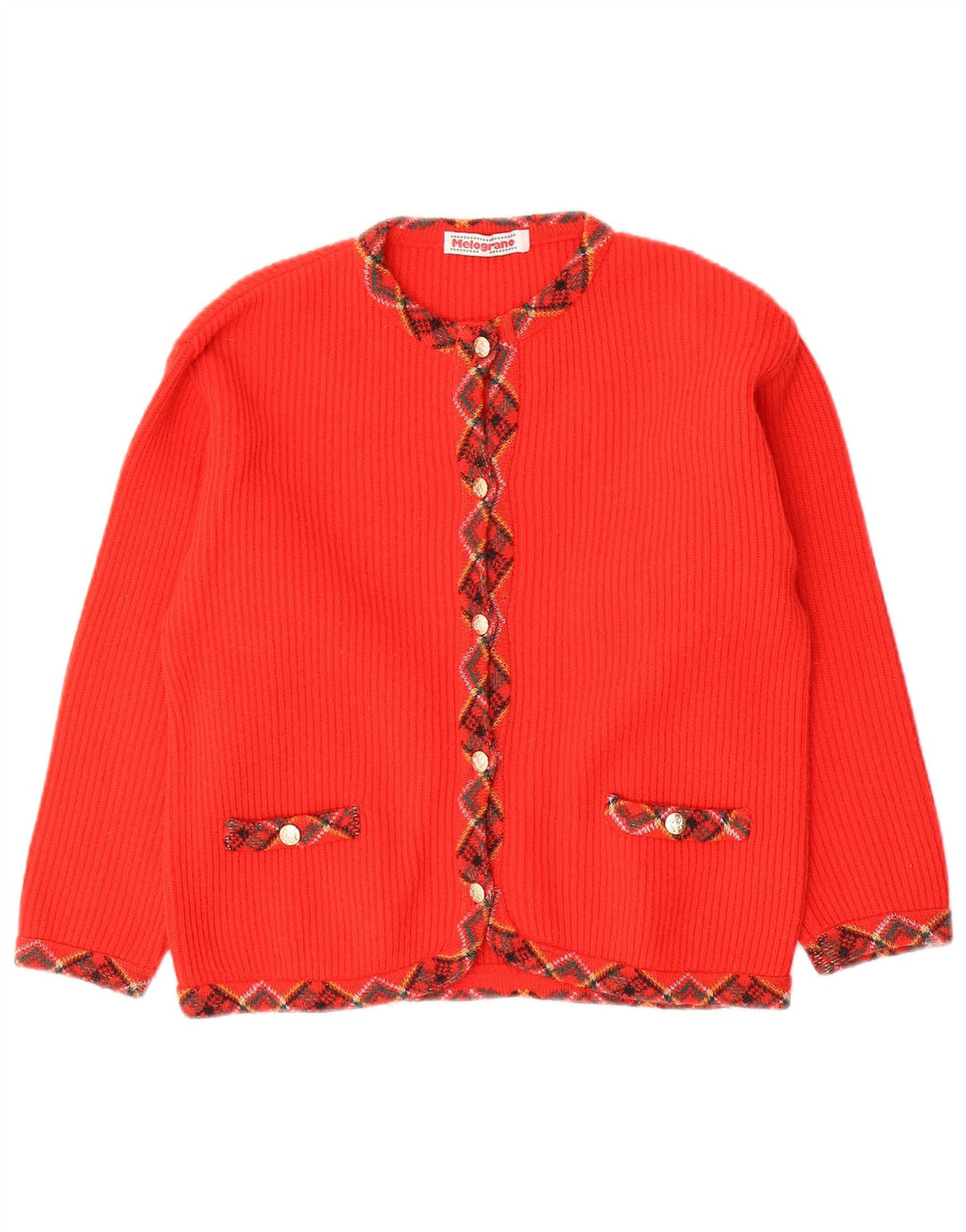 Vintage mujer Cardigan suéter Reino Unido 12 medio rojo Argyle/lana de diamante