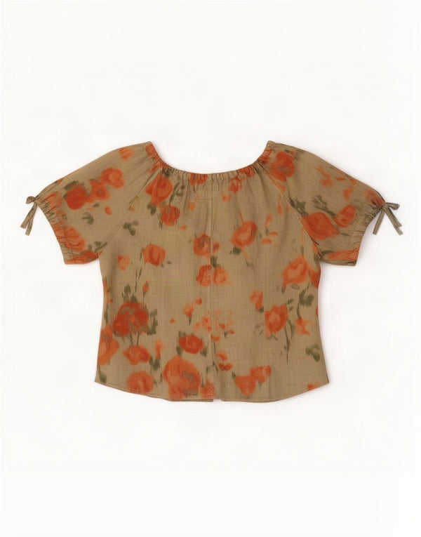 Gio Anna Blusa de Manga Corta para Mujer IT 46 Large Lino Floral Caqui
