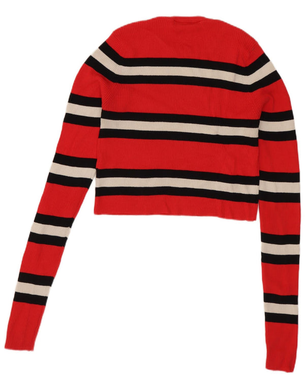 Zara Mujer Crop Crew Neck Jumper Sweater UK 8 Small Viscosa A Rayas Rojas