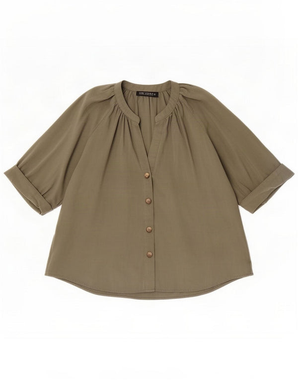 Zara Blusa camisera de manga 3/4 para mujer UK 44 Mediano Caqui Modal
