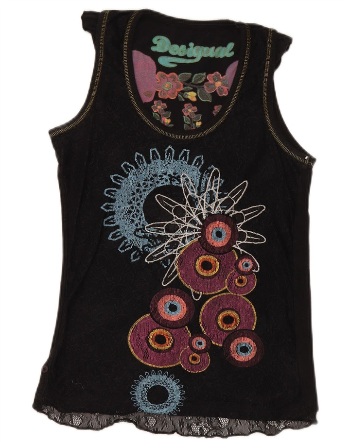 Desigual Mujer Chaleco Top Reino Unido 12 Medio Negro Algodón Geométrico