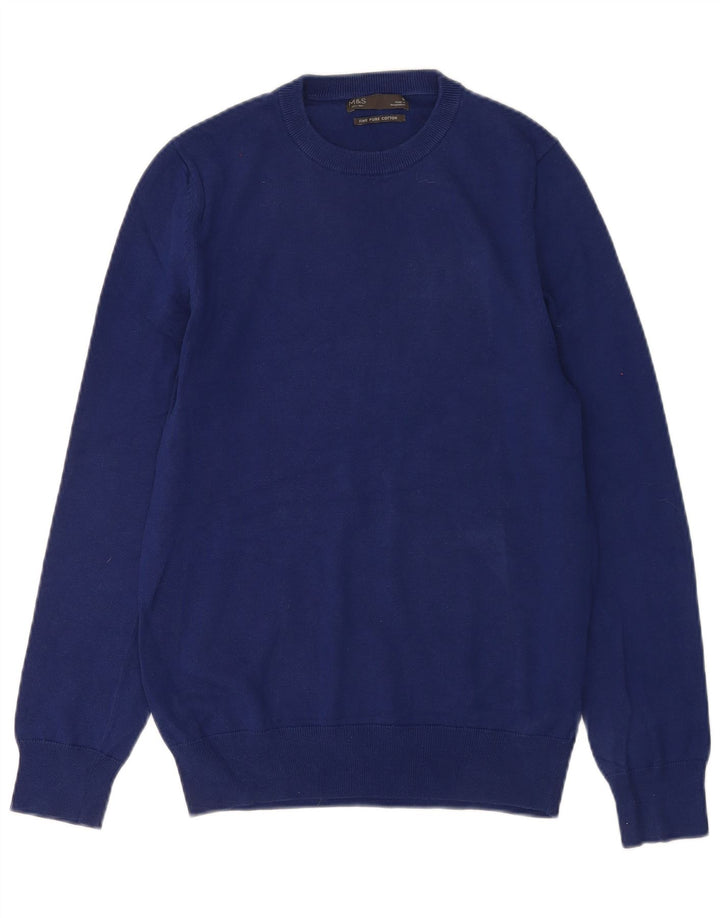 Marks & Spencer Jersey con cuello redondo para hombre, talla pequeña, algodón azul