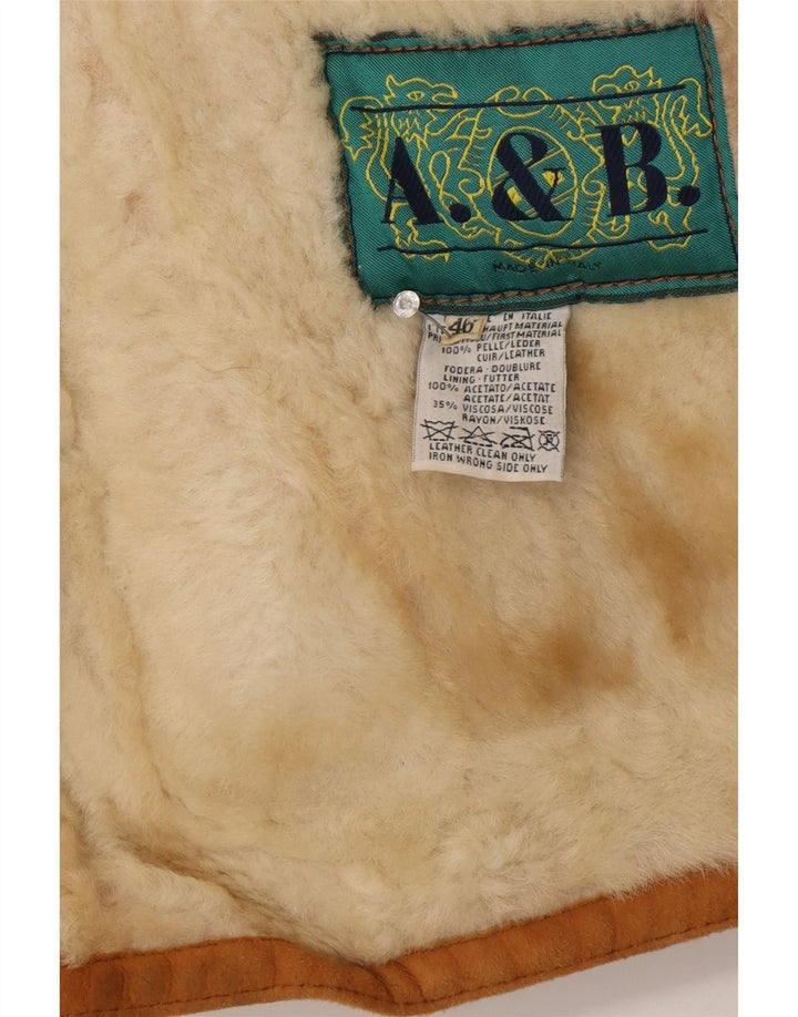 Vintage mujer shearling chaqueta IT 46 cuero marrón grande