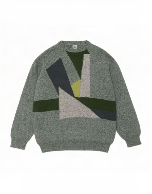 Vintage hombres cuello redondo jersey suéter medio verde algodón geométrico