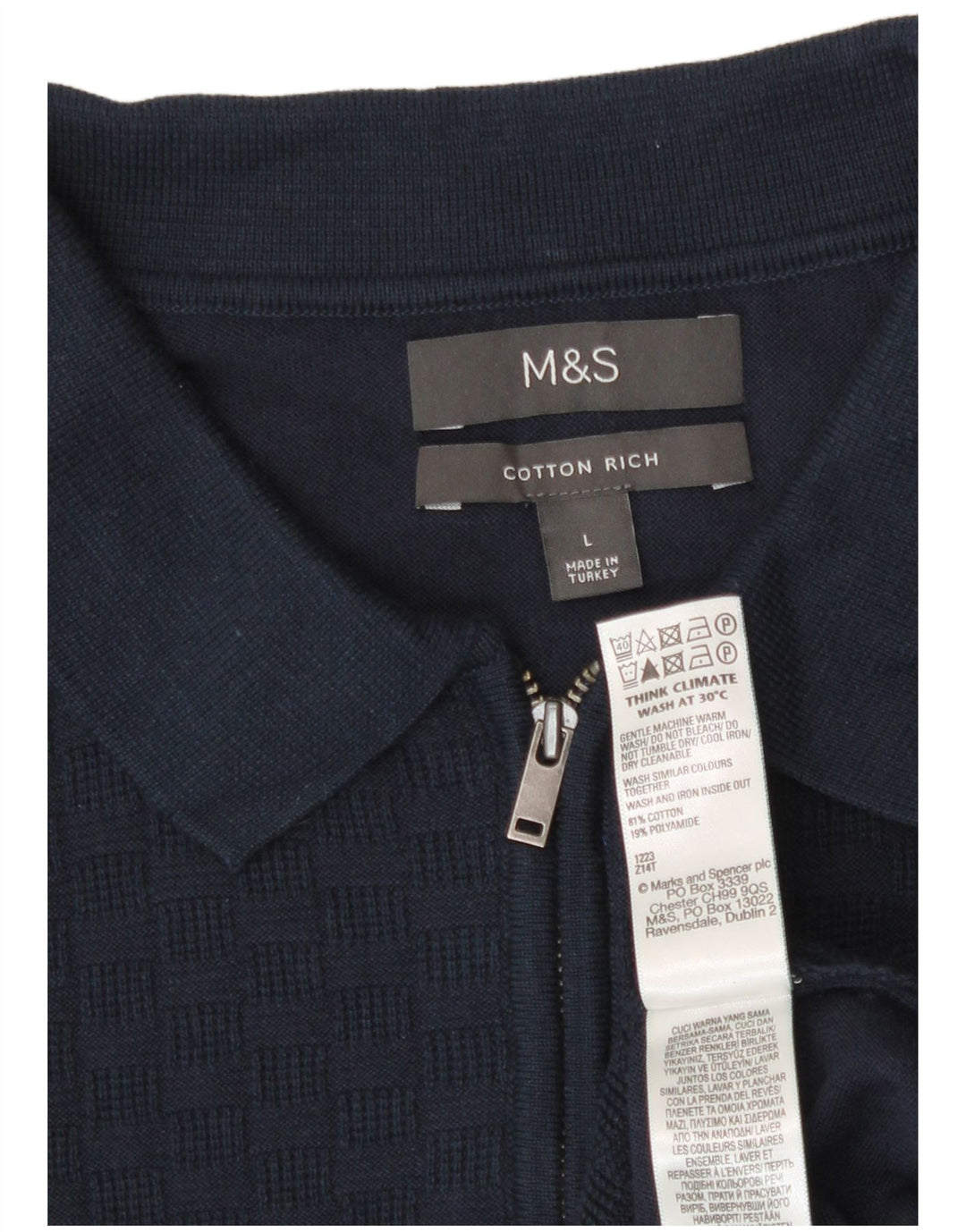 Marks & Spencer Suéter tipo jersey con cuello tipo polo para hombre, tamaño grande, azul marino, geométrico