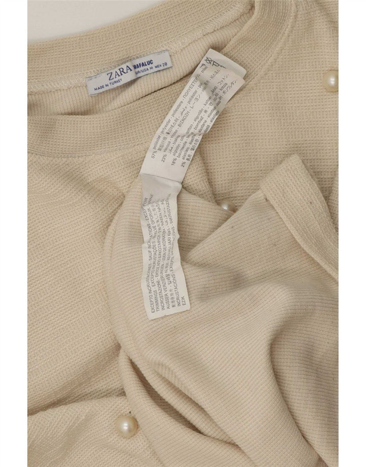 Zara Mujer Top Manga Larga UK 40 Medio Off White Poliéster