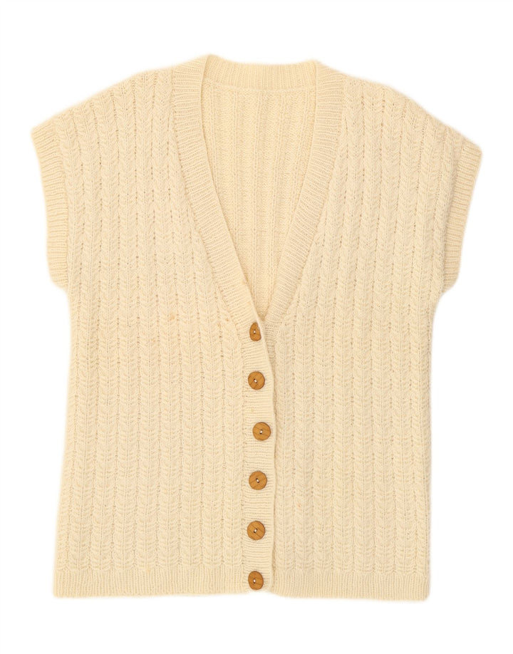 VINTAGE suéter cárdigan de manga corta para mujer Reino Unido 16 grande blanco apagado