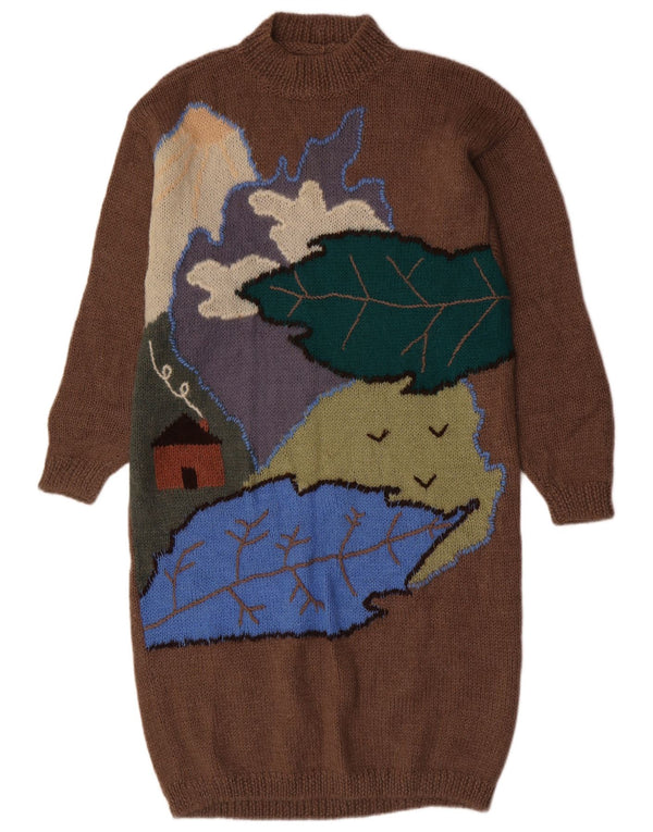 Vintage mujer gráfico jumper vestido Reino Unido 12 marrón medio novedad