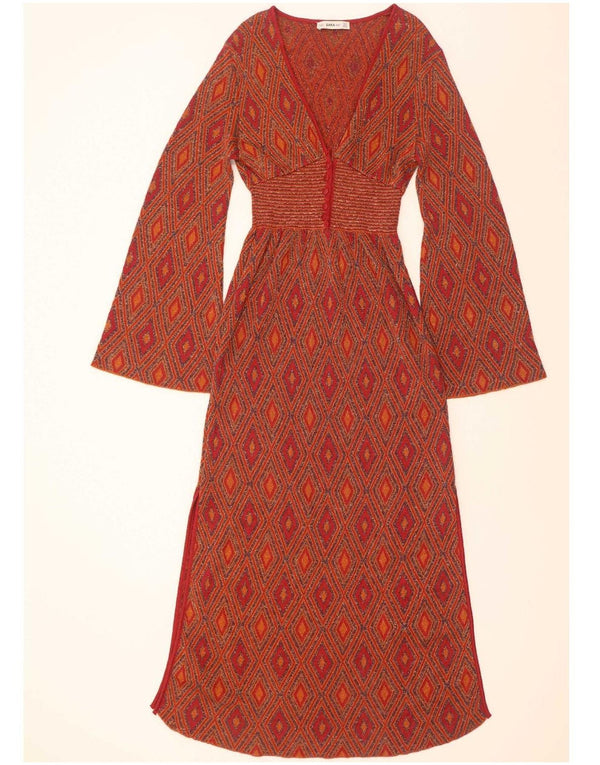 Zara Vestido largo de punto de manga larga para mujer UK 42 Medio Rojo Geométrico