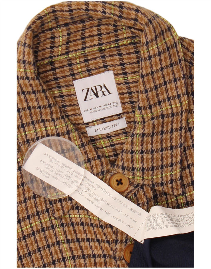 ZARA Hombre Camisa Sobrecamisa Relaxed Fit De Franela Pata De Gallo Marrón Medio