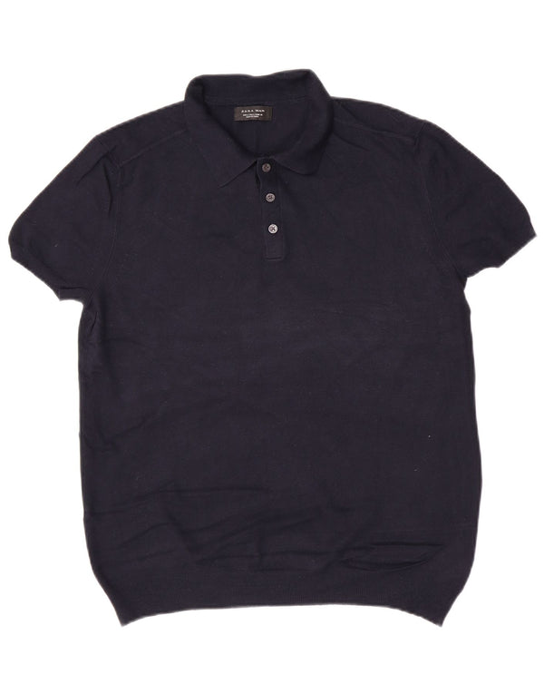 Zara Mens Manga Corta Polo Cuello Jersey Suéter Grande Azul Marino