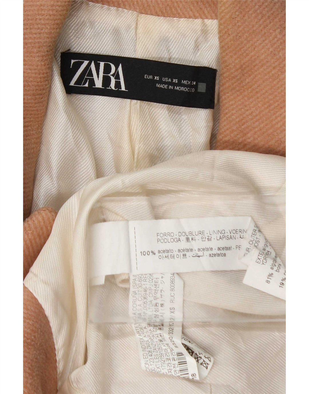 Zara Mujer Abrigo Extragrande De Doble Botonadura UK 6 XS Algodón Rosa