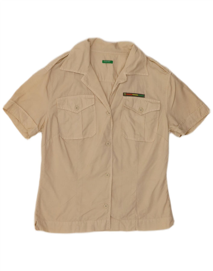 Benetton Camisa De Manga Corta Mujer ES 42 Algodón Beige Medio