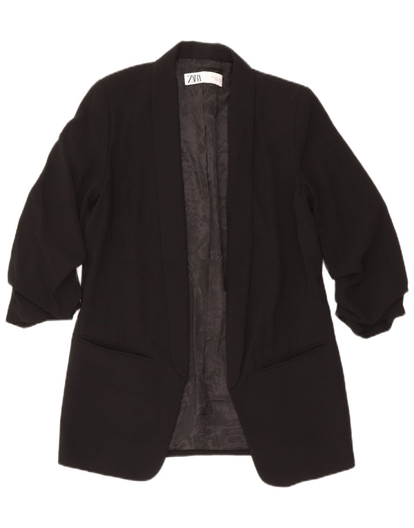 Zara Mujer Chaqueta Americana Abierta Manga 3/4 UK 10 Small Poliéster Negro