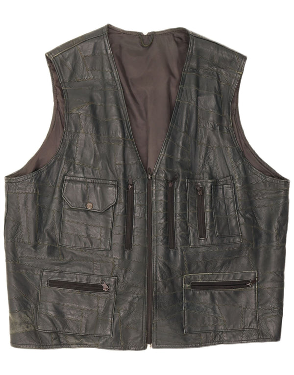 Vintage hombres cuero utilidad Gilet Reino Unido 46 3XL negro patchwork