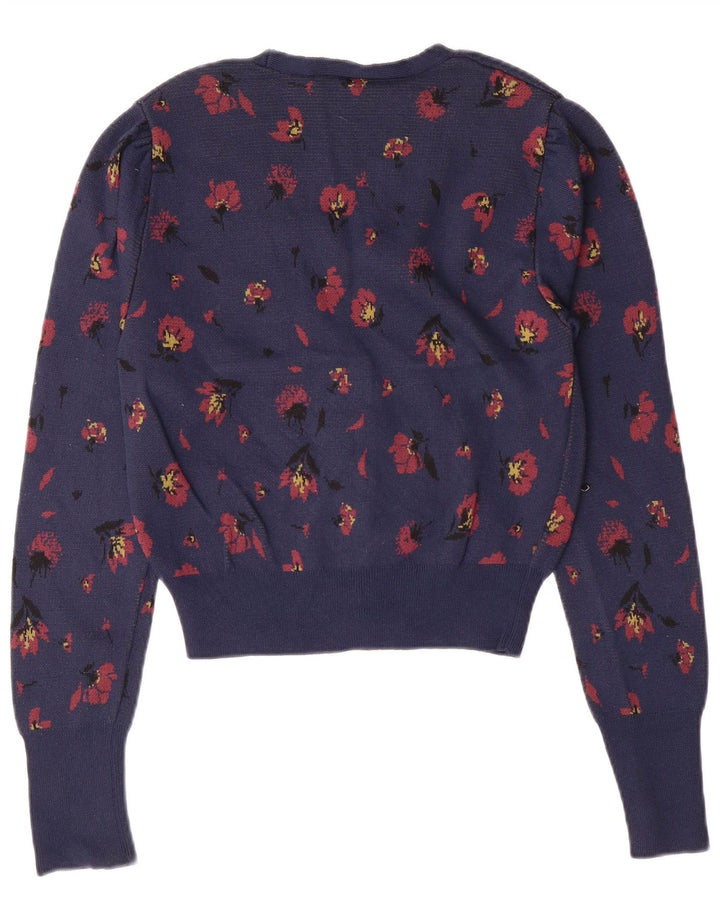 ZARA Mujer Crop Cardigan Suéter UK 10 Small Azul Marino Floral Poliamida