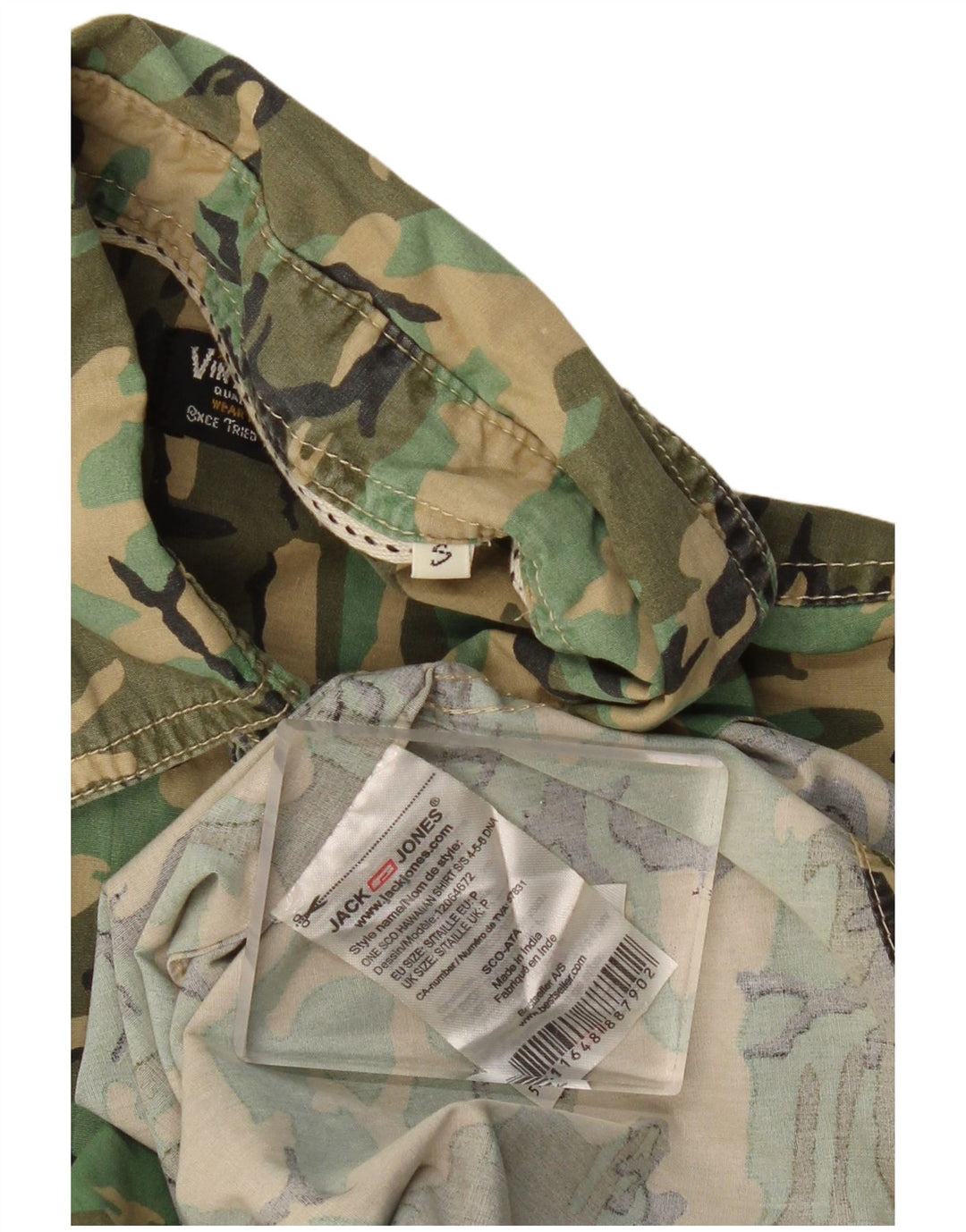 JACK & JONES Hombre Camisa De Manga Corta Small Khaki Camuflaje Algodón