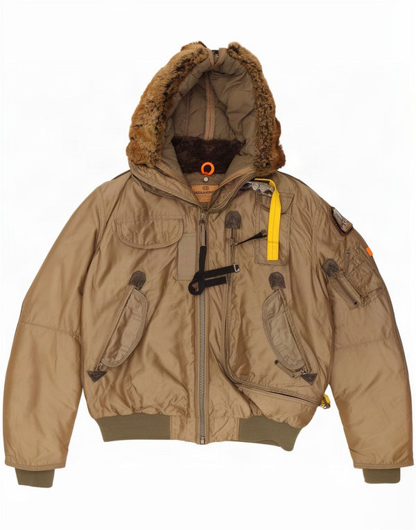 Parajumpers Chaqueta acolchada con capucha y corte entallado para hombre, talla 38, poliamida caqui mediana